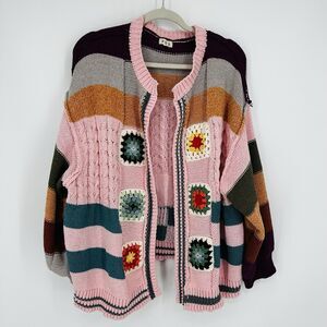 POL Multicolor Crochet Panel Knit Cardigan - Pink Accent